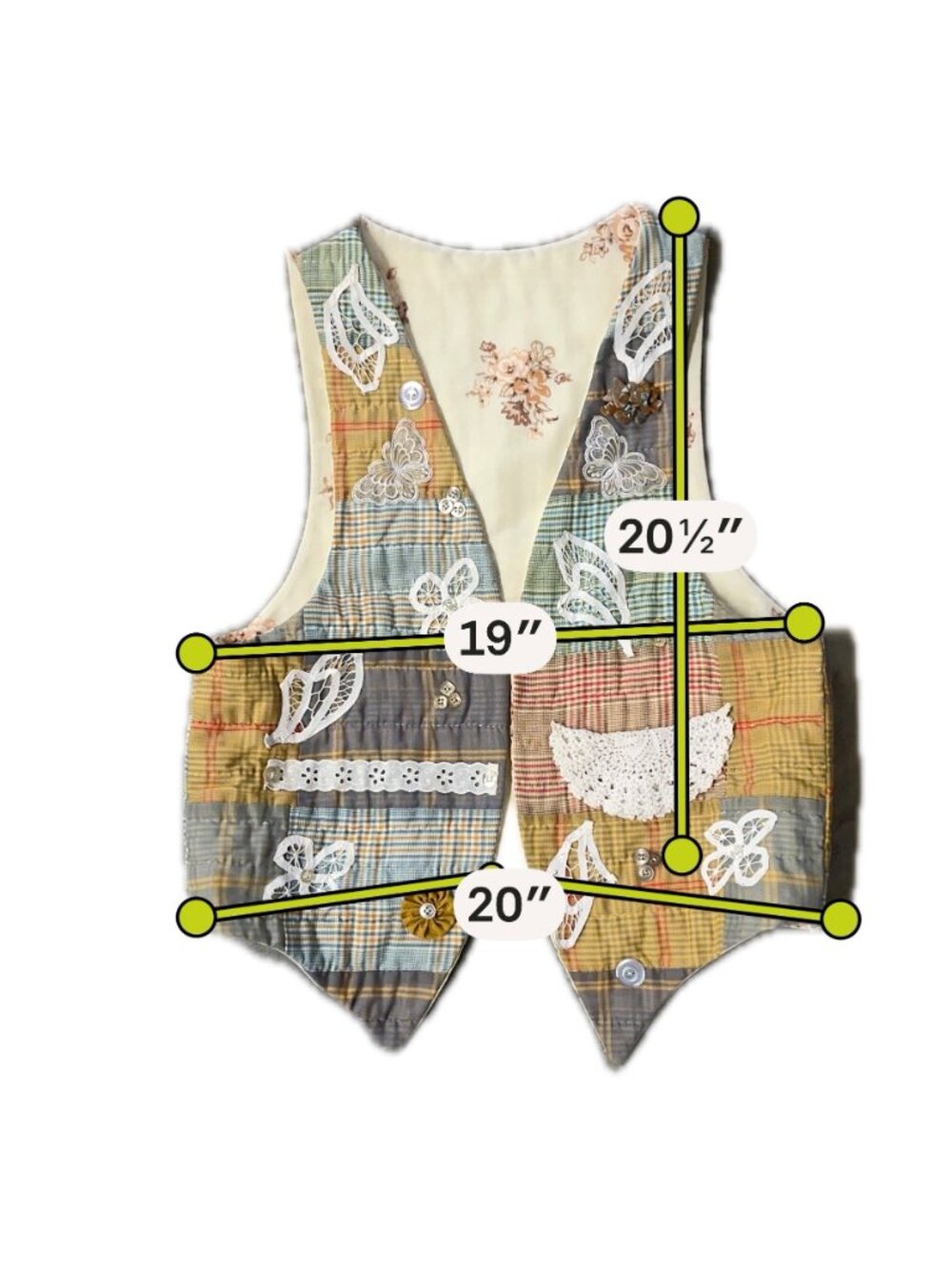 Vintage Vest Open Front Handmade Plaid Patchwork Style Cottage Granny Brooch 90s - Picture 9 of 9
